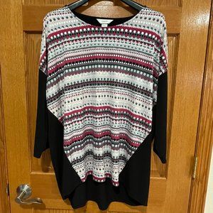 CJ BANKS Women's Plus 1X Black Pink Gray Silver Tunic 3/4 Sleeve Shirt Top EUC